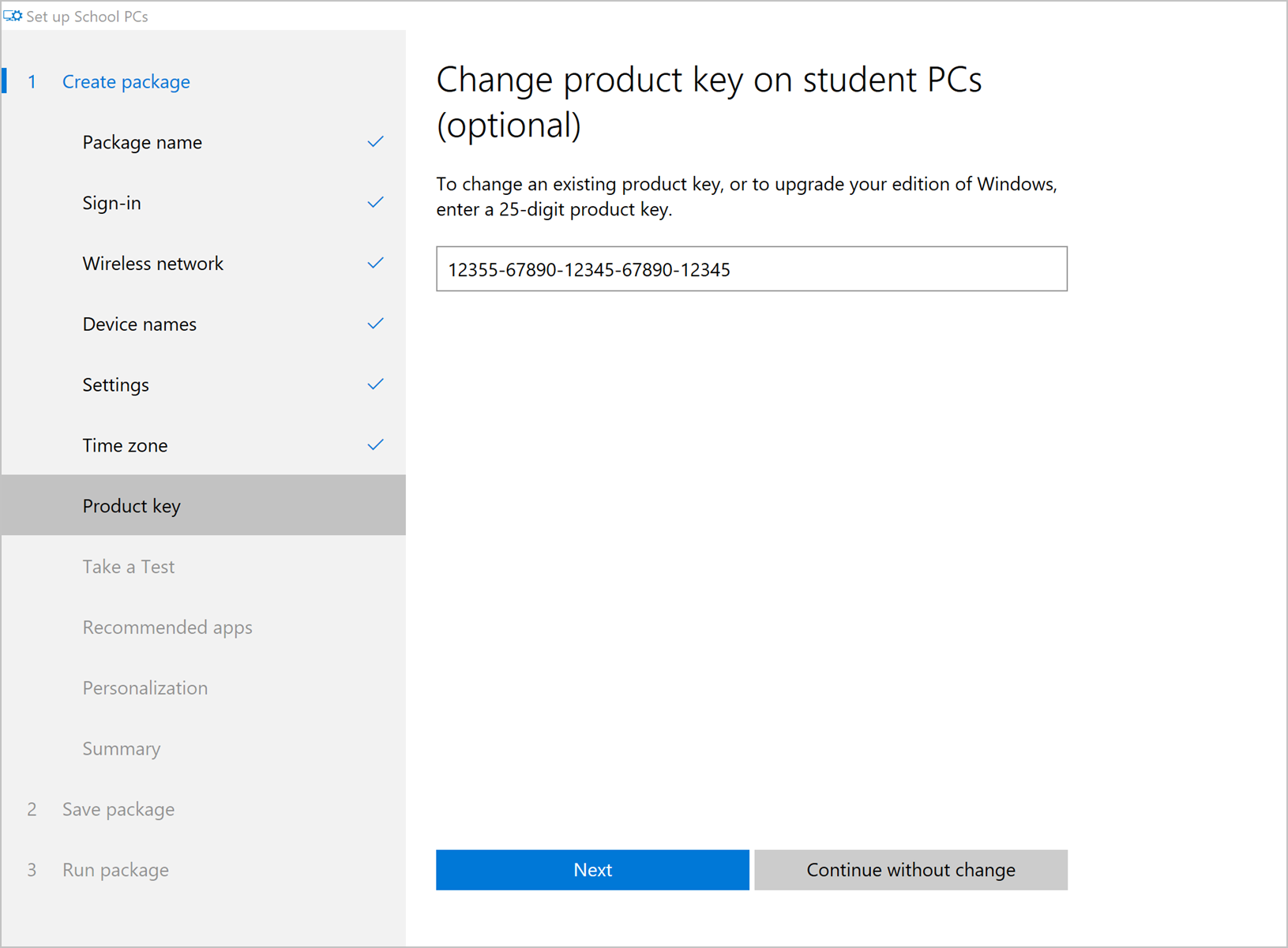 Example screenshot of the Set up School PC app, Product key screen, showing a value field, Next button, and Continue without change option.