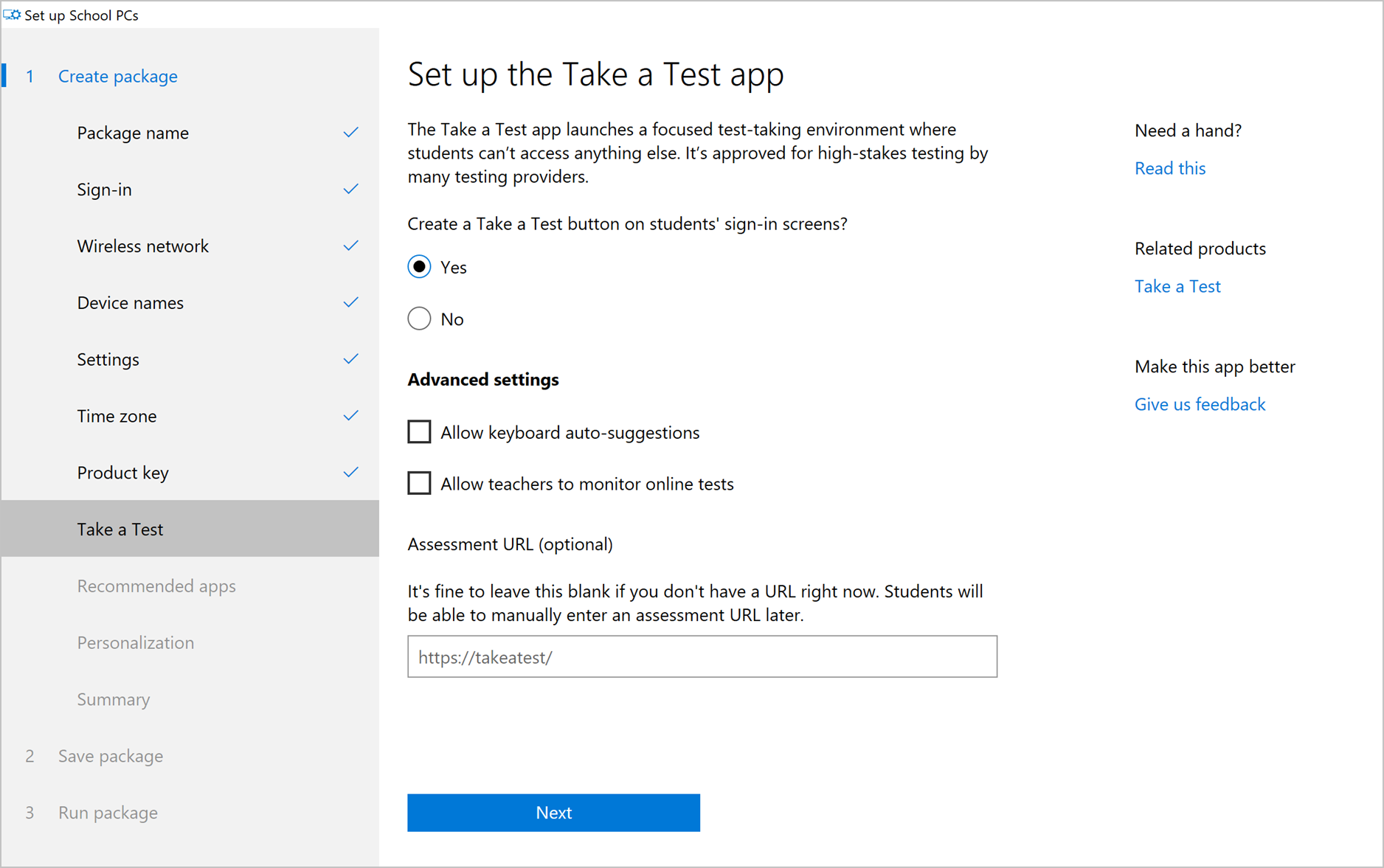 Set up Take a Test app page with "Yes" selected to create an app button. Page also has two checkboxes for additional settings and one text field for the assessment URL.