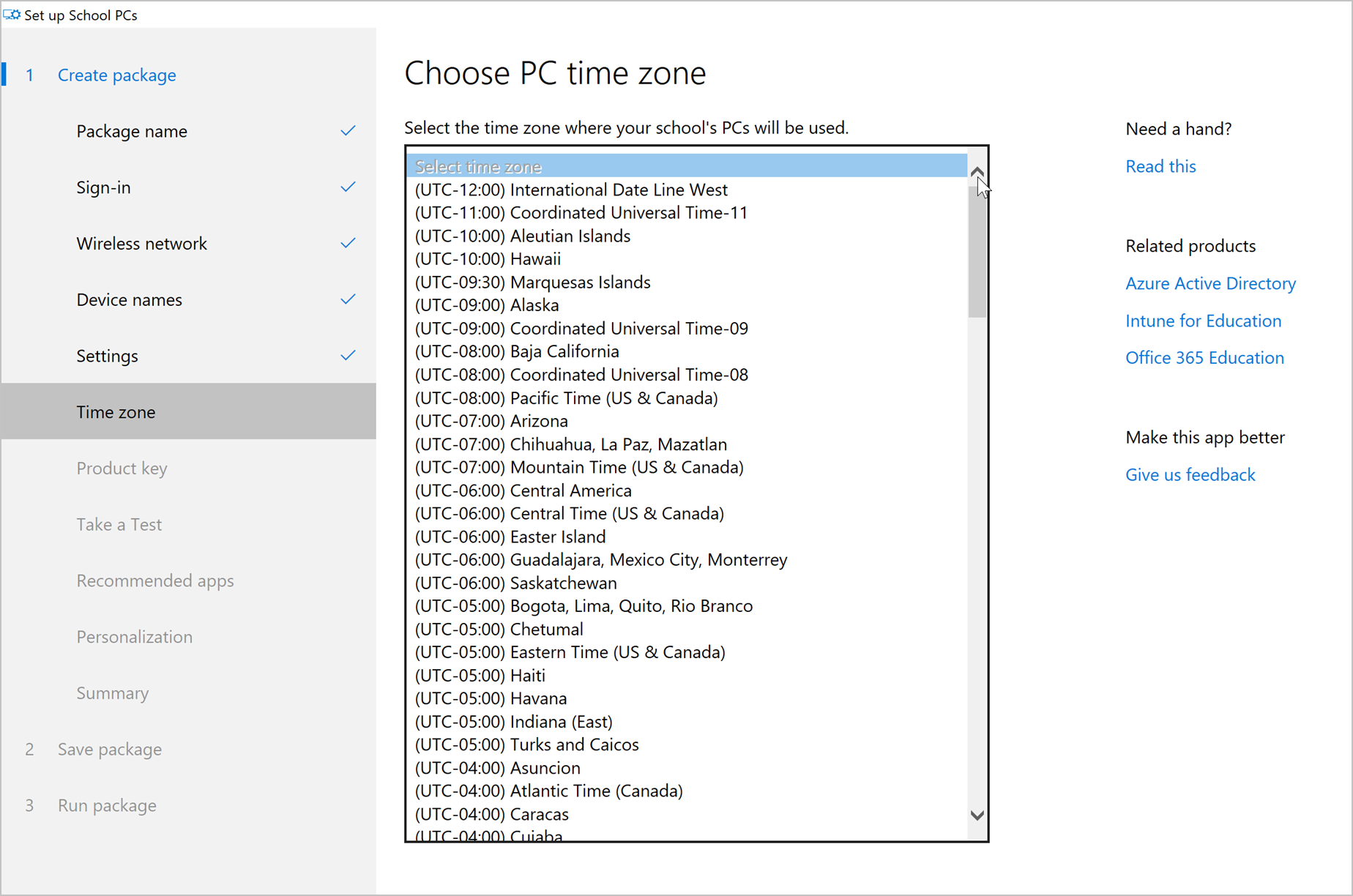 Choose PC time zone page with the time zone menu expanded to show all time zone selections.