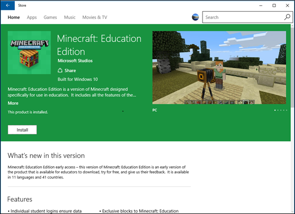 Microsoft Store app with Minecraft page.