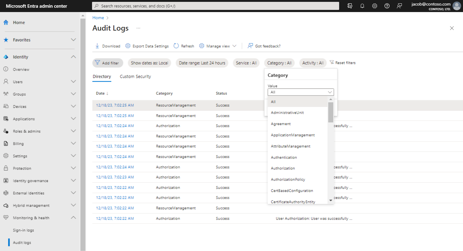 Screenshot showing an audit log.