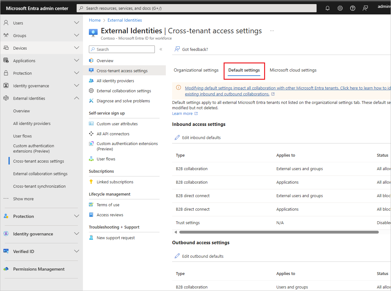 Screenshot showing the Cross-tenant access settings Default settings tab
