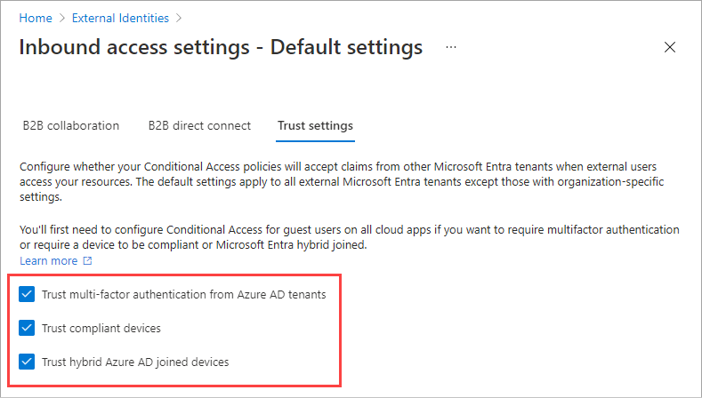 Screenshot showing inbound trust settings.