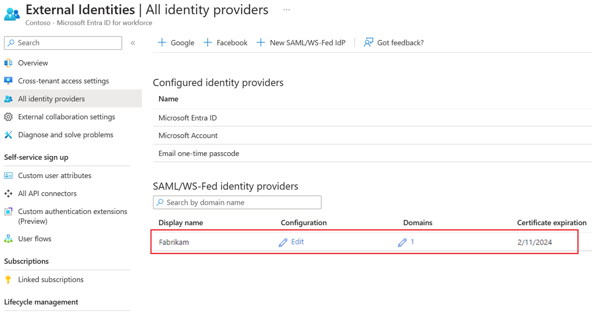 Screenshot showing an identity provider in the SAML WS-Fed list