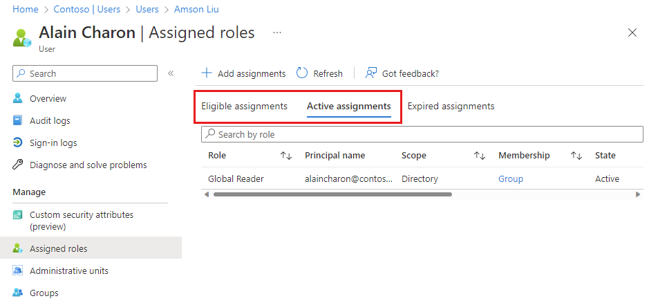 Screenshot of the assigned roles page with the assignment types highlighted.