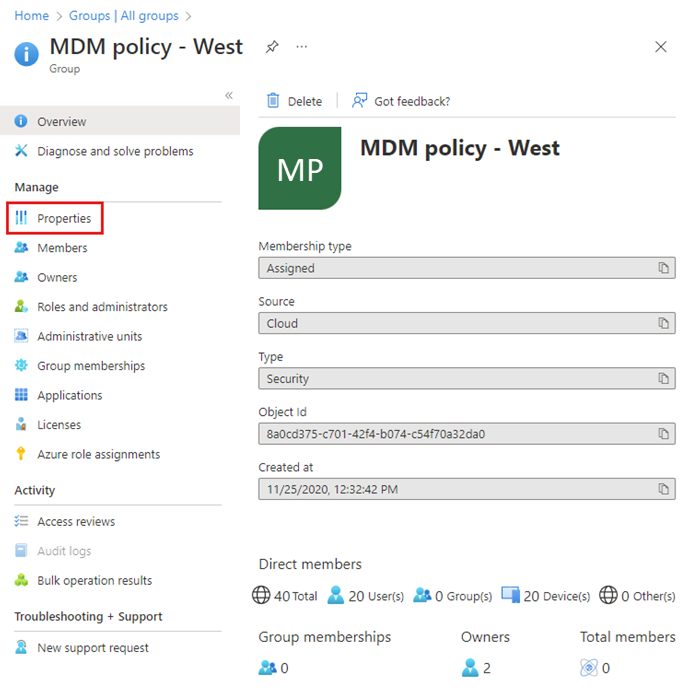 Screenshot of MDM policy – West Overview page with member info.