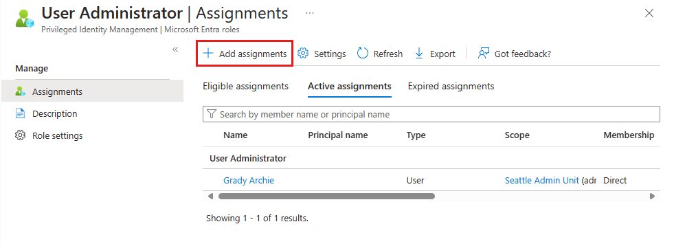 Screenshot showing the Add assignment command is available when you open a role in the portal.