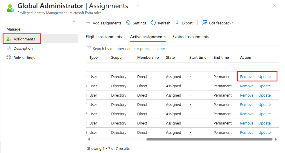 Screenshot showing how to update or remove role assignment.