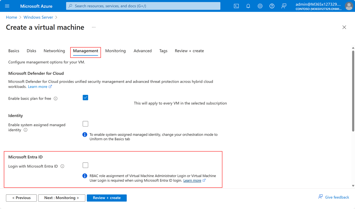 Screenshot that shows the Management tab on the Azure portal page for creating a virtual machine.