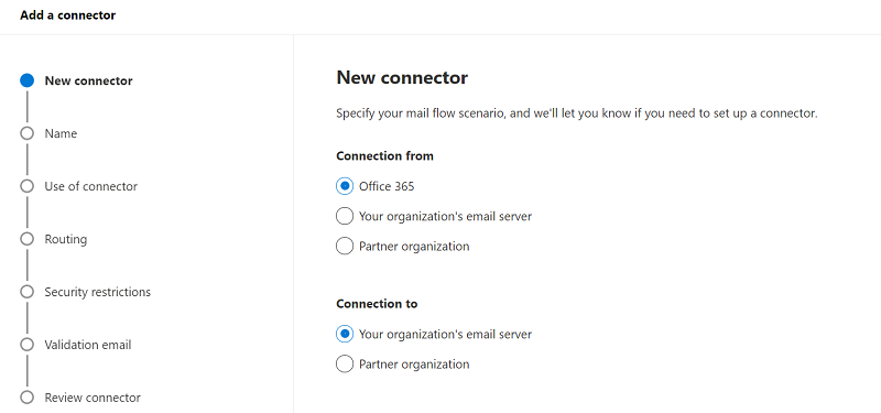 The screen on which the path Office 365 to Your organization's email server is chosen
