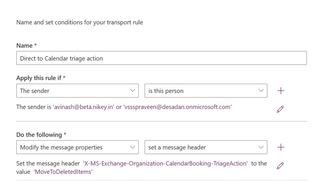 Settings for the Direct to Calendar triage action mail flow rule.