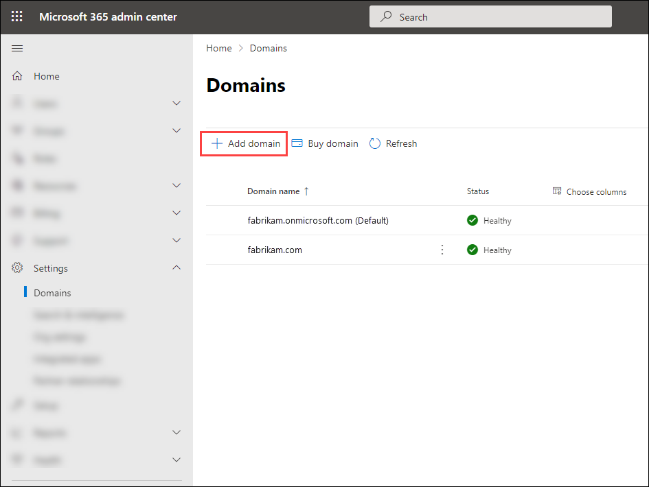 The Domains page in the Microsoft 365 admin center.