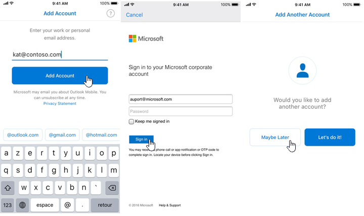 Outlook for iOS and Android onboarding.