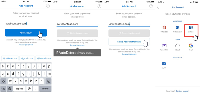 Manaul account setup for Outlook for iOS and Android.