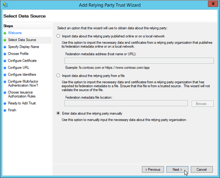Details for Outlook on the web in the Select Data Source page in the Add Relying Party Trust Wizard.
