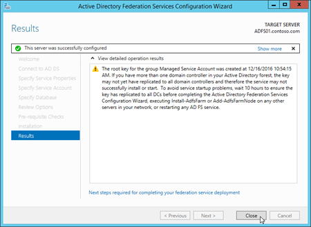 The Results page in the Active Directory Federation Services Configuration Wizard.
