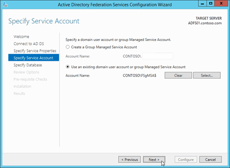 The Specify Service Account page in the Active Directory Federation Services Configuration Wizard.