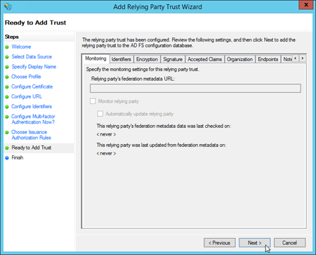 The Ready to Add Trust page in the Add Relying Party Trust Wizard.