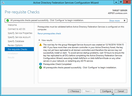 The Pre-requisite Check page in the Active Directory Federation Services Configuration Wizard.