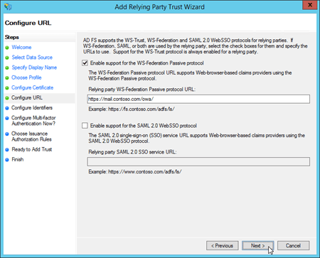 The settings for Outlook on the web on the Configure URL page in the Add Relying Party Trust Wizard.