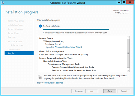 Click 'Open the Web Application Proxy Wizard' on the 'Installation progress' page in the Add Roles and Features Wizard.