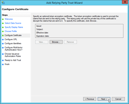 The Configure Certificate page in the Add Relying Party Trust Wizard.