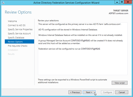 The Review Options page in the Active Directory Federation Services Configuration Wizard.