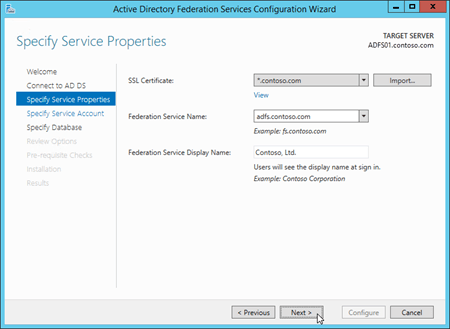 The Specify Service Properties page in the Active Directory Federation Services Configuration Wizard.