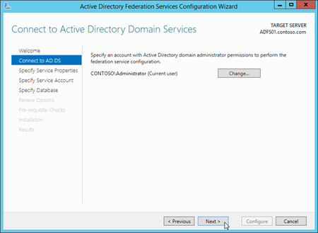 The Connect to AD DS page in the Active Directory Federation Services Configuration Wizard.