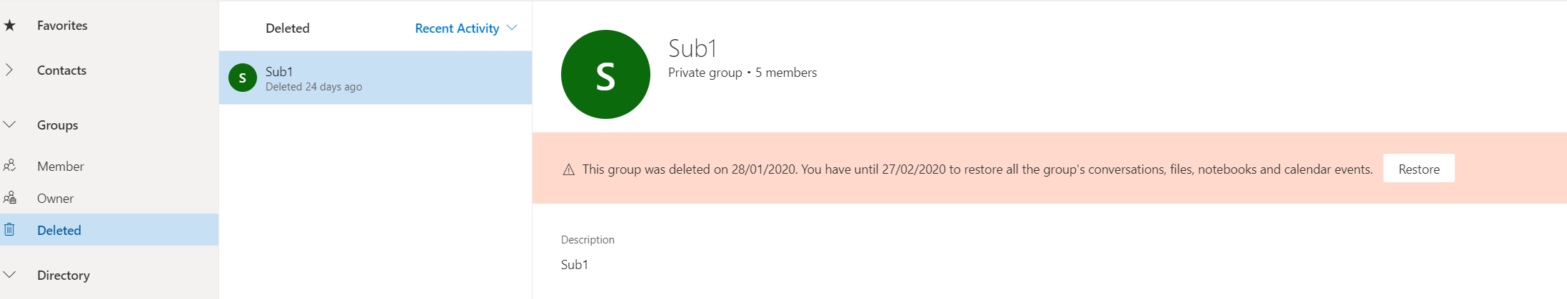 Screenshot of deleted groups selecting Manage groups under the Groups node.