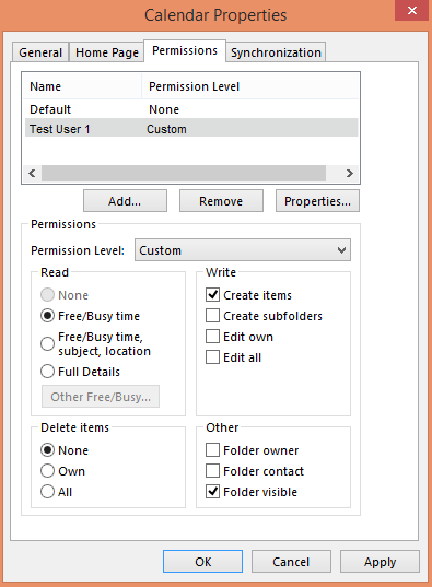 Screenshot shows the permission level will automatically change to Custom after the user is granted contributor rights, which includes Free/Busy time.