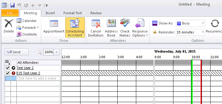 Screenshot shows an on-premises user can't see the free/busy information for the mailbox in Scheduling Assistant.