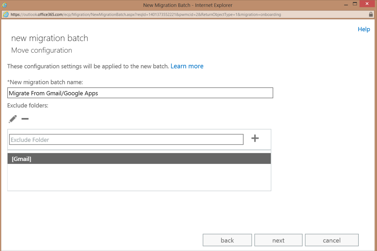 Screenshot of creating an IMAP migration batch.