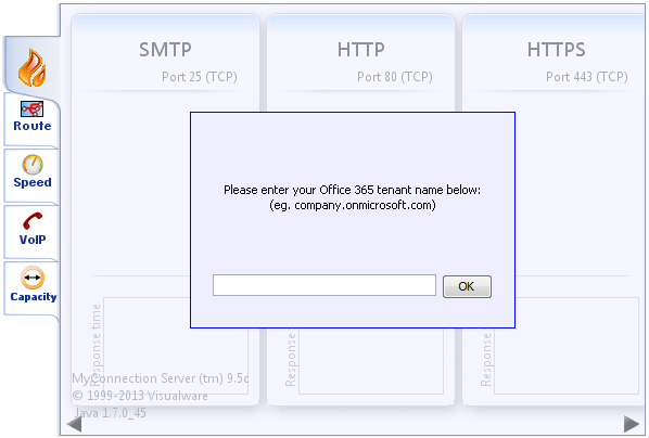 Screenshot of entering the Microsoft 365 tenant name in the Microsoft 365 Network Analysis tool.