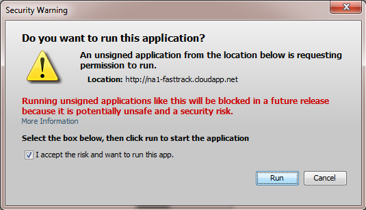 Screenshot of a security warning prompted to run the application.
