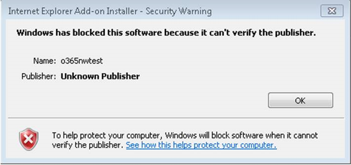 Screenshot of the security warning that is displayed after installation.