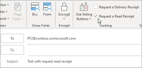 Screenshot of an email to a mail-enabled public folder that requests a read receipt.