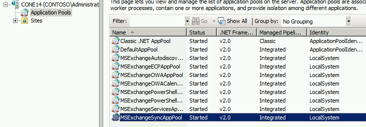 Screenshot shows that the status of MSExchangeSyncAppPool is Started in the Application Pools window.