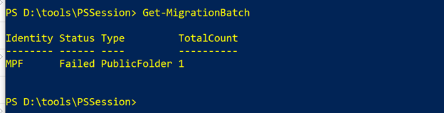 Screenshot of the Get-MigrationBatch-command.