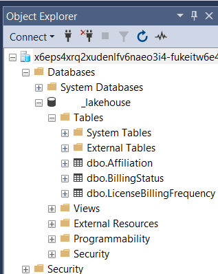 Screenshot showing where the connected server name appears in the Object Explorer pane.