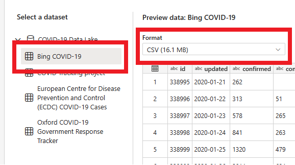Screenshot showing different dataset options for the COVID-19 sample, file formats, and a grid showing a preview of the data.