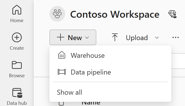 Screenshot of the top section of the user's workspace showing the New button, and with the options Warehouse, Data pipeline, and Show All.