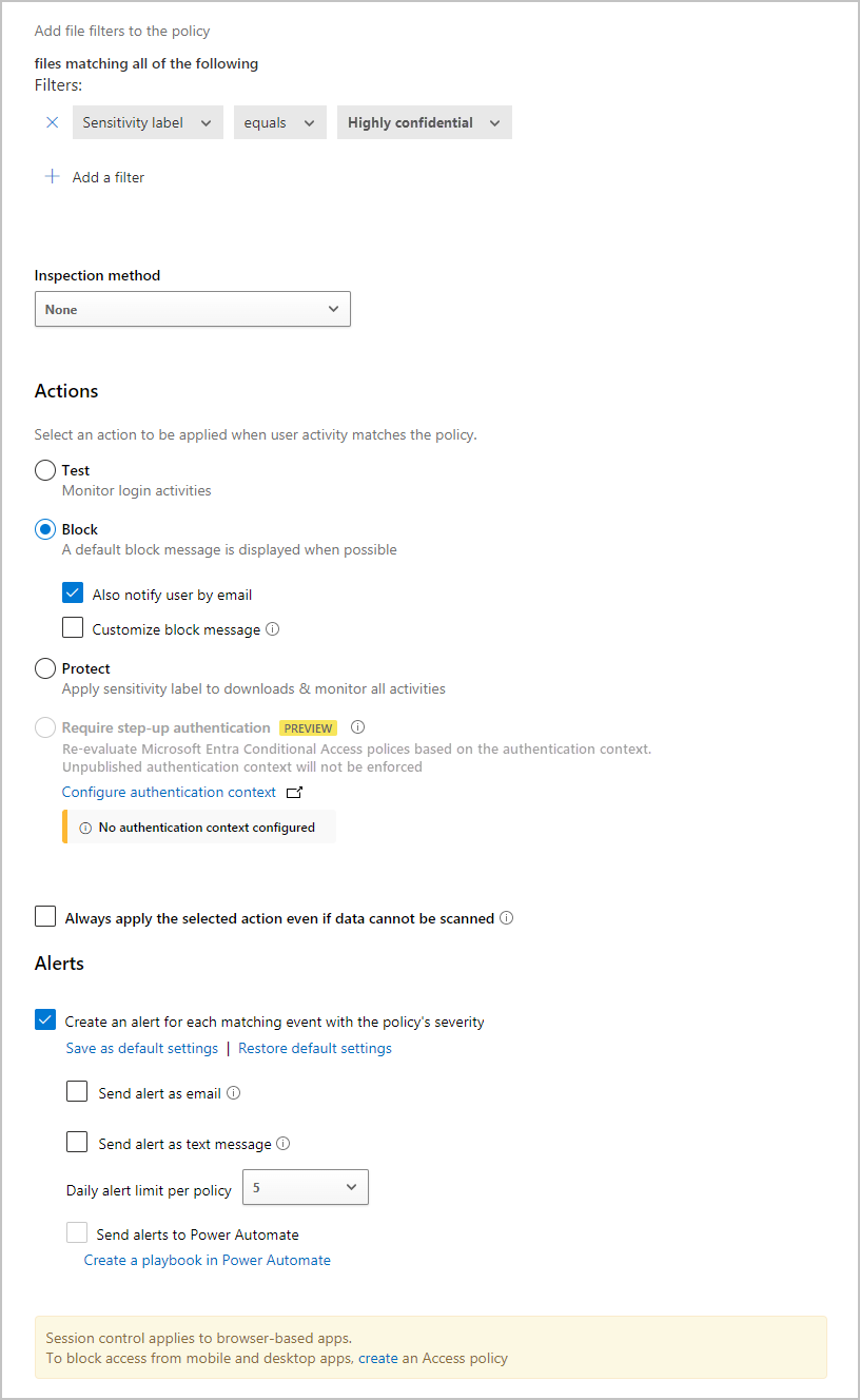 Screenshot of the Defender for Cloud App Security window showing the expanded policy configuration options.