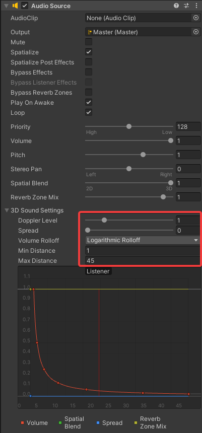 Screenshot of Unity distance attenuation options panel