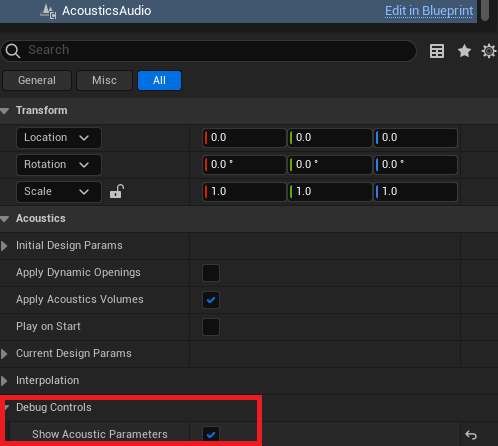 Screenshot of acoustics audio component with debug controls highlighted