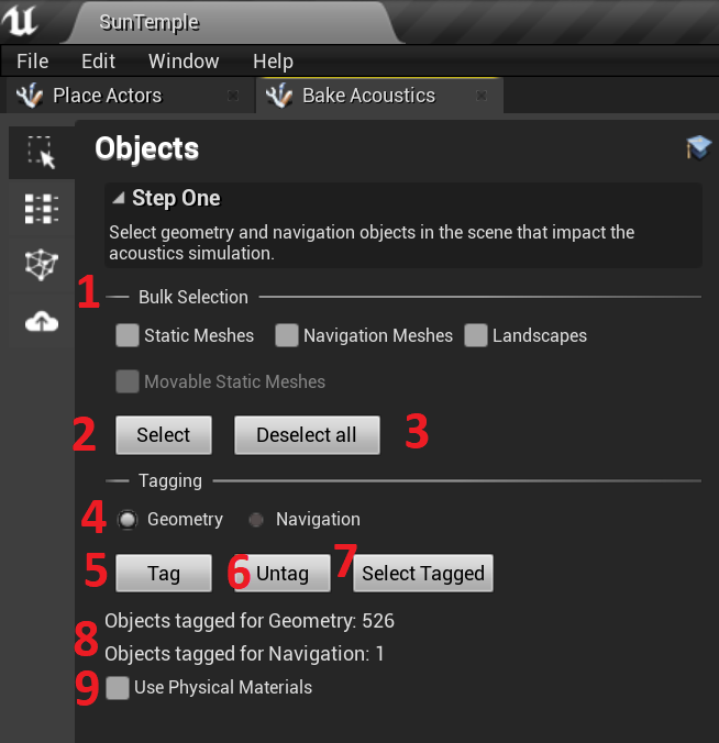 Screenshot of Acoustics Objects tab in Unreal