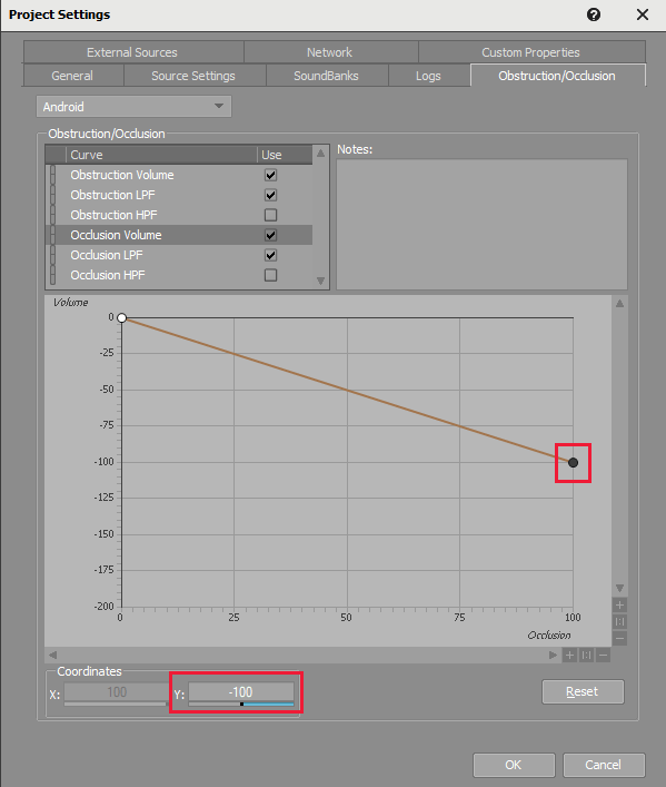 Screenshot of Wwise occlusion curve editor