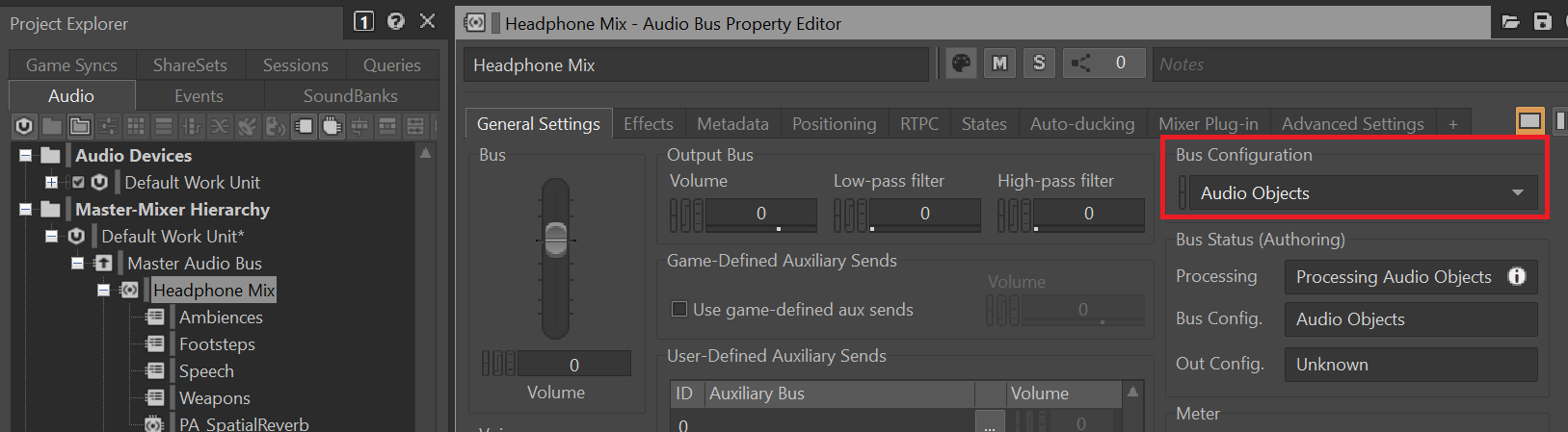 Screenshot of audio bus in Wwise 2021 with bus configuration set to audio objects