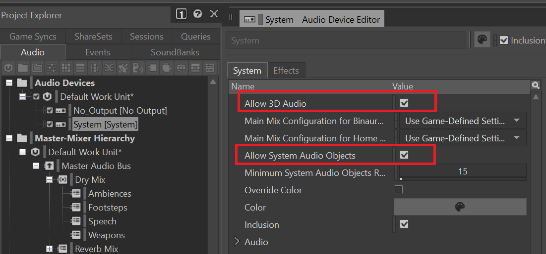 Screenshot of enabling 3D audio on the system audio device