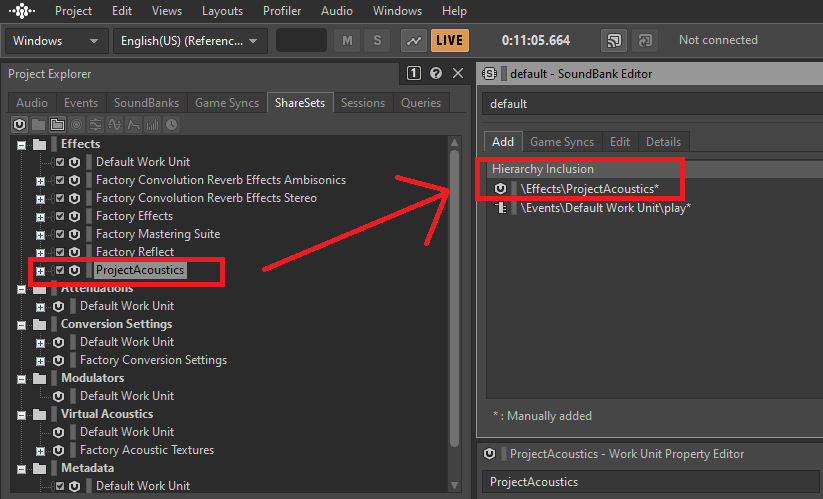 Screenshot of adding factory assets to sound bank